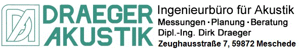 Logo: DRAEGER AKUSTIK, Ingenieurbüro für Akustik, Messungen, Planung, Beratung, Dipl.-Ing. Dirk Draeger, Zeughausstraße 7, D-59872 Meschede
